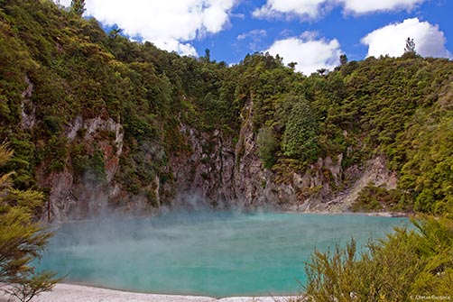 A steaming crater lake at the side of Mt. Hazard in Waimangu.